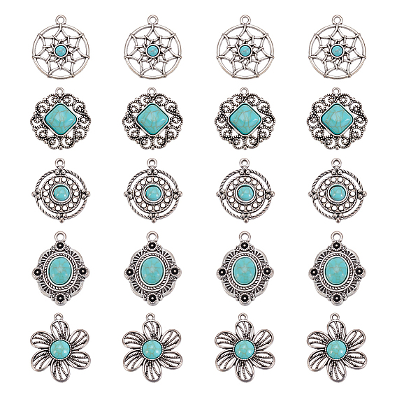 20 шт 5 стили подвески из сплава в тибетском стиле, слоновая кость, бирюза и акрил, античное серебро