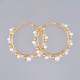 Beaded Hoop Earrings, with White Glass Pearl Beads and 304 Stainless Steel Hoop Earrings Findings, Clear Glass Beads and Brass Beads, Ring
