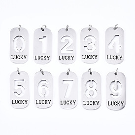 201 Stainless Steel Pendants, Laser Cut, with Jump Rings, Rectangle with Number and Word LUCKY