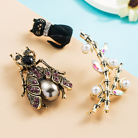 Fashionable Bee Cat Dragonfly Bamboo Pearl Brooch for Women