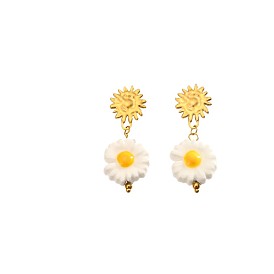 304 Stainless Steel & Handmade Porcelain Stud Dangle Earrings, Flower with Sun
