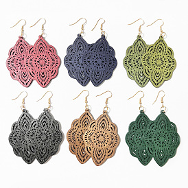 6 пары деревянных сережек-подвесок, полые цветок, золотые