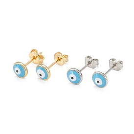 Brass Enamel Stud Earrings, Long-Lasting Plated, Flat Round with Evil Eye, Real Gold Plated & Real Platinum Plated, Mixed Color