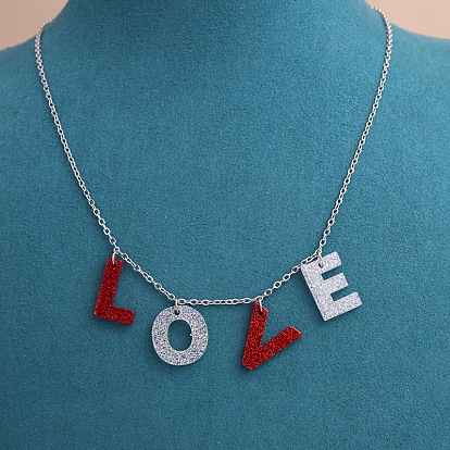 Valentine's Day Acrylic Word LOVE Charms Bib Necklaces, with Stainless Steel Chains