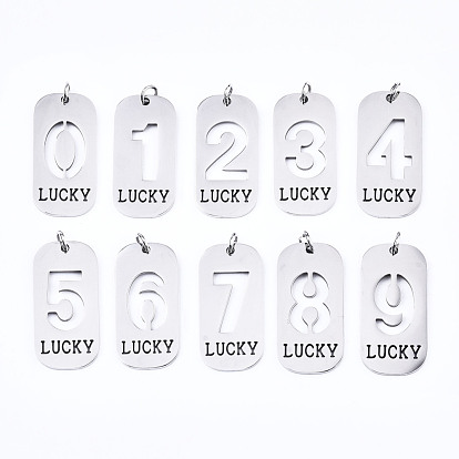 201 Stainless Steel Pendants, Laser Cut, with Jump Rings, Rectangle with Number and Word LUCKY