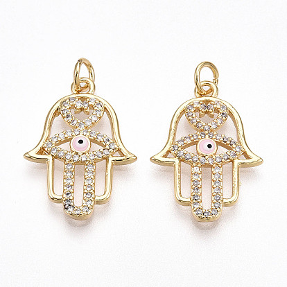 Латунные микро проложить кубического циркония подвески, без кадмия и без свинца, с эмалью, реальный 18 k позолоченный, с целью перехода в кольце, Хамса руку с дурным глазом