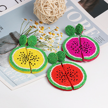 Handmade Fruit Earrings - Watermelon Dragonfruit Rice Bead Studs 2019 European and American Style Jewelry