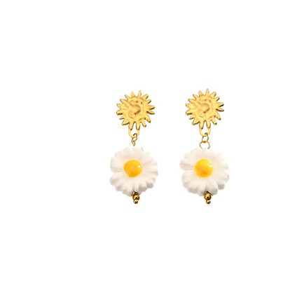 304 Stainless Steel & Handmade Porcelain Stud Dangle Earrings, Flower with Sun