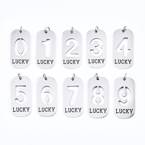 201 Stainless Steel Pendants, Laser Cut, with Jump Rings, Rectangle with Number and Word LUCKY