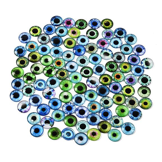 Printed Transparent Glass Cabochons, Half Round with Eye Pattern