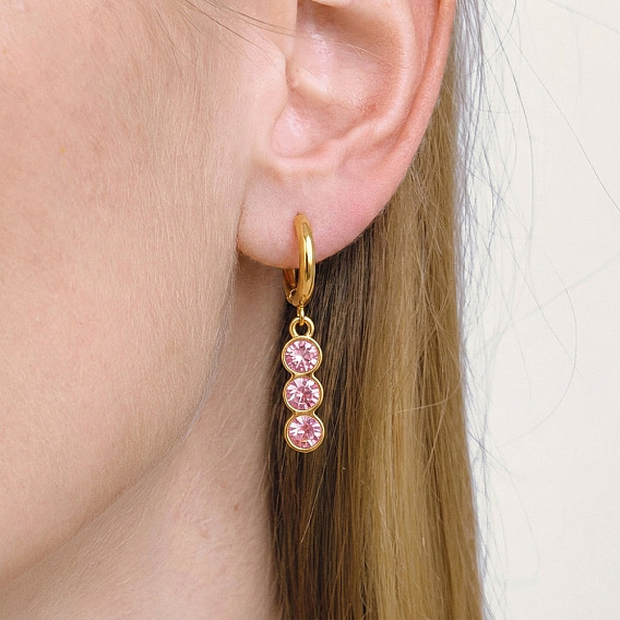 304 Stainless Steel Pave Cubic Zirconia Hoop Dangle Earrings for Women, Round, Golden