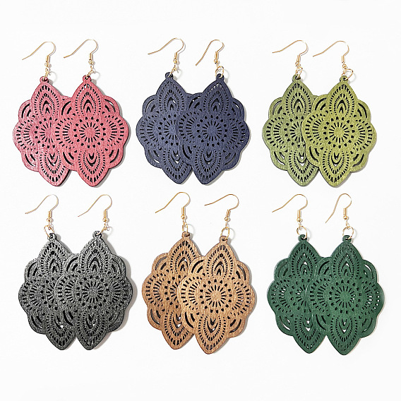 6 пары деревянных сережек-подвесок, полые цветок, золотые