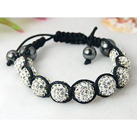 Valentines Day Gifts for Him Rhinestone Disco Ball Braided Bracelets, Square Knot Bracelet, Grade A, with Hematite Beads, 53~61mm