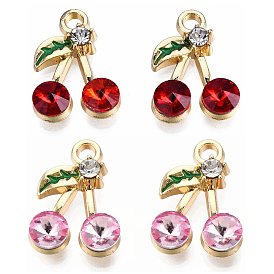 100Pcs 2 Colors Alloy Rhinestone Pendants, with Enamel, Light Gold, Cherry Charm