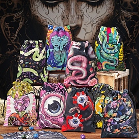 Snake Theme Rectangle Velvet Printed Storage Bags, Drawstring Pouches Tarot Packaging Bags