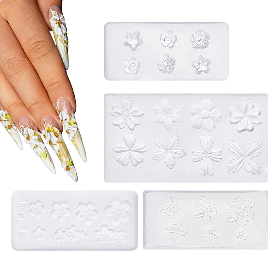 4 шт. 4 стили 3 силиконовые формы, резной цветок, для изготовления ювелирных изделий из смолы DIY и дизайна ногтей, прямоугольные