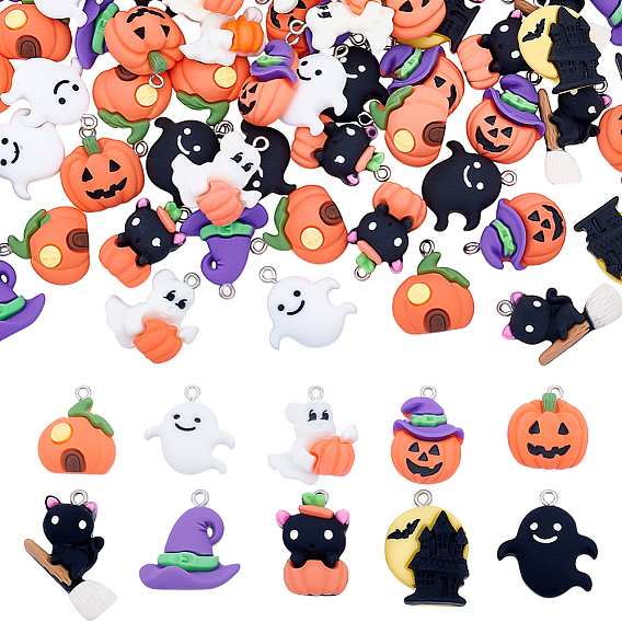 80 шт 8 стили тема Хэллоуин непрозрачные смоляные подвески, хэллоуин прелести, разнообразные, с платиновой петлей