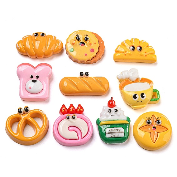 Cabochons décodés en résine opaque, pain, hamburger et biscuits, formes mixtes