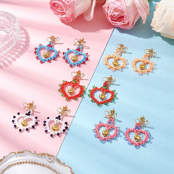 Стеклянные бусины висят серьги, с латунными серьгами, бантом с сердцем, золотые