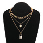 Vintage Double-Layered Gold Alloy Key Lock Pendant Necklace for Women