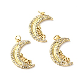 Rack Plating Brass Pave Cubic Zirconia Pendants, with Jump Ring, Lead Free & Cadmium Free, Real 18K Gold Plated, Long-Lasting Plated, Moon with Word Star Charm