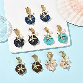 304 Stainless Steel & Acrylic & Natural Pearl Stud Dangle Earrings, Flat Round & Starfish, Mixed Color
