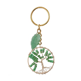 Tree of Life & Leaf Glass Seed Beaded Keychain, with Iron Findings