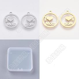 Unicraftale 12Pcs 2 Colors Mother's Day Theme, 201 Stainless Steel Pendants, Laser Cut Pendants, Flat Round with Word I Love Mom