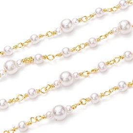 Handmade Brass Ball Chains, with Glass Pearl Beads and Spool, Long-lasting Plated, Unwelded, Round