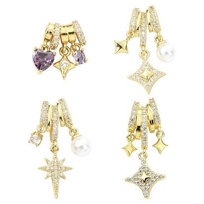 4 шт 4 цвета кулоны из латуни, микропаве, циркония, с белой круглой пластиковой жемчужиной, золотые