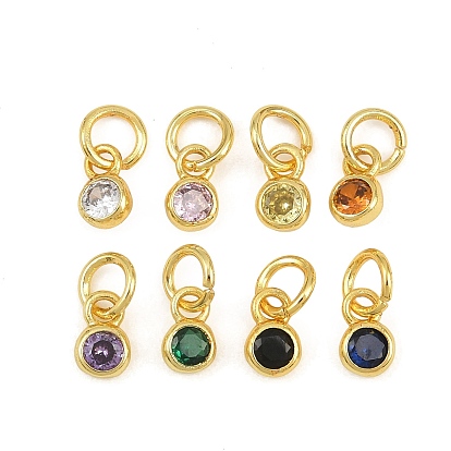 Brass Pave Cubic Zirconia Charms, Flat Round Charms, Single Stone Charms, Long-Lasting Plated, Rack Plating, Cadmium Free & Lead Free, Golden