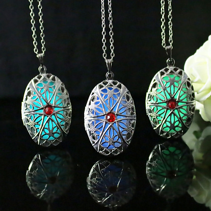 Glow in the Dark Luminous Alloy Hollow Pendant Necklaces, Oval