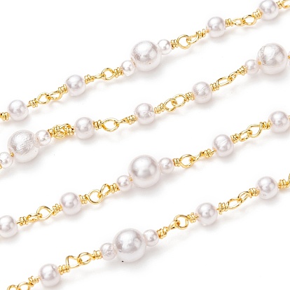 Handmade Brass Ball Chains, with Glass Pearl Beads and Spool, Long-lasting Plated, Unwelded, Round