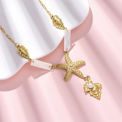 Морская звезда 304 из нержавеющей стали кулон ожерелья, с пластиковой перламутровой и белой оболочкой, ионное покрытие (ip)