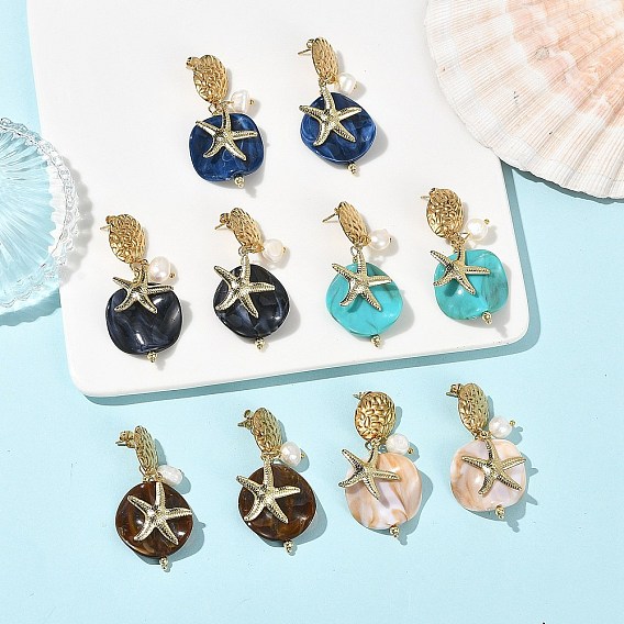 304 Stainless Steel & Acrylic & Natural Pearl Stud Dangle Earrings, Flat Round & Starfish, Mixed Color