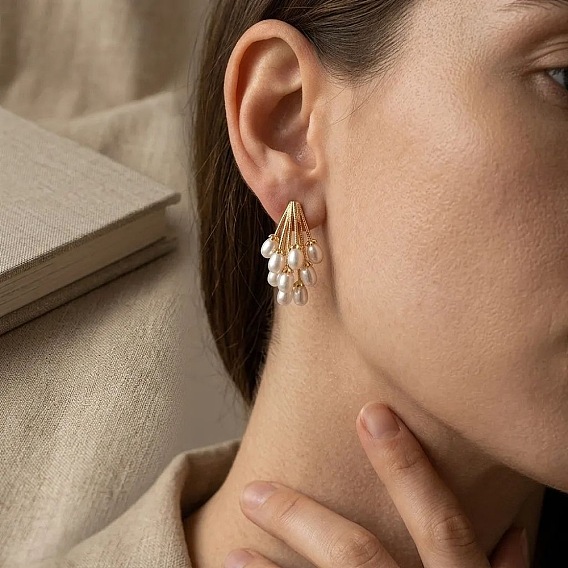 Alloy Stud Earrings for Women, with Plastic Pearl