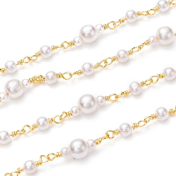 Handmade Brass Ball Chains, with Glass Pearl Beads and Spool, Long-lasting Plated, Unwelded, Round