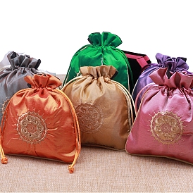 Chinese Style Rectangle Brocade Drawstring Bags, Organza Pouches Gift Jewelry Packaging Bag