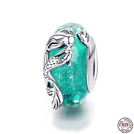 925 Sterling Silver European Beads, with Lampwork, Rondelle with Mermaid