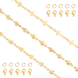 CHGCRAFT 3 Styles 3m Link Chains, with 30Pcs Jump Rings and 15Pcs Lobster Claw Clasps, for DIY Necklaces Making Kits, Sideways Cross & Heart & Star