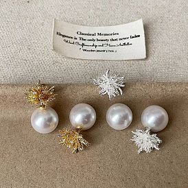 Серьги-гвоздики из сплава и искусственного жемчуга, круг с фейерверками