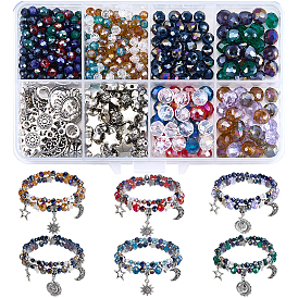 Наборы для изготовления браслетов своими руками, Включает в себя прозрачные стеклянные бусины с гальваническим покрытием, пластиковые и латунные гладкие круглые бусины из CCB-пластика., Подвески из сплава , Перейти латунные, плоская эластичная кристаллическая струна