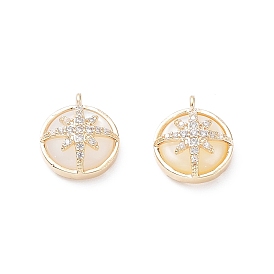 Rack Plating Brass Shell Pendants, with Cubic Zirconia, Long-Lasting Plated, Flat Round with Star Charms