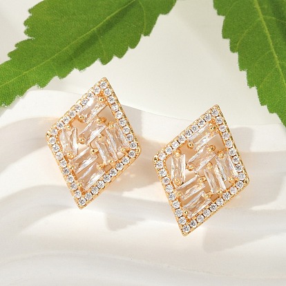 Серьги-гвоздики из латуни с микропаве из прозрачного кубического циркония в форме ромба для женщин, без кадмия и без свинца, долговечный, стойки покрытие