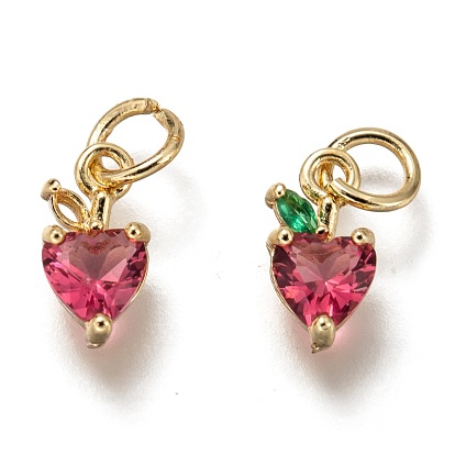 Brass Micro Pave Deep Pink Cubic Zirconia Charms, with Jump Rings, Cadmium Free & Lead Free, Heart