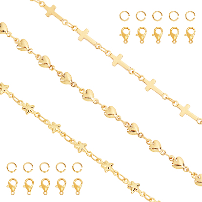3 estilos 3 cadenas de eslabones m, con 30 piezas de anillas y 15 piezas de cierres de pinza de langosta, para kits de fabricación de collares de bricolaje, cruz de lado y corazón y estrella