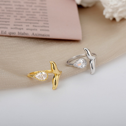 Enchanted Mermaid Tail Adjustable Ring with Zirconia Whale, Fairy Tale Style.