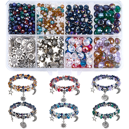 Наборы для изготовления браслетов своими руками, Включает в себя прозрачные стеклянные бусины с гальваническим покрытием, пластиковые и латунные гладкие круглые бусины из CCB-пластика., Подвески из сплава , Перейти латунные, плоская эластичная кристаллическая струна