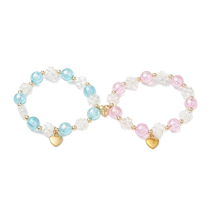 2 piezas 2 conjuntos de pulseras elásticas de pareja con cuentas acrílicas redondas y flores de colores, Pulseras con dijes de corazón con cierres magnéticos de latón para mujeres y hombres.