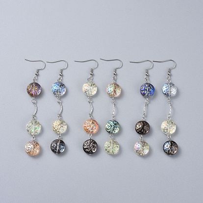 Electroplated Glass Dangle Earrings, with 316 Surgical Stainless Steel Earring Hooks, Brass Bar Link and 304 Stainless Steel Finding, Flat Round